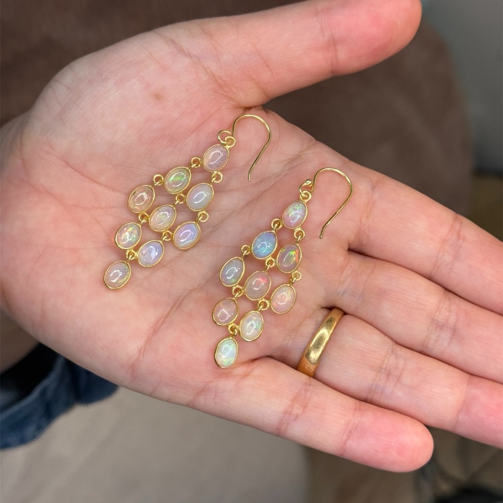 Ethiopian Opal Earrings • 2” Dangle • 925 Silver 18K Gold Plated • Handmade - Picture 4 of 10